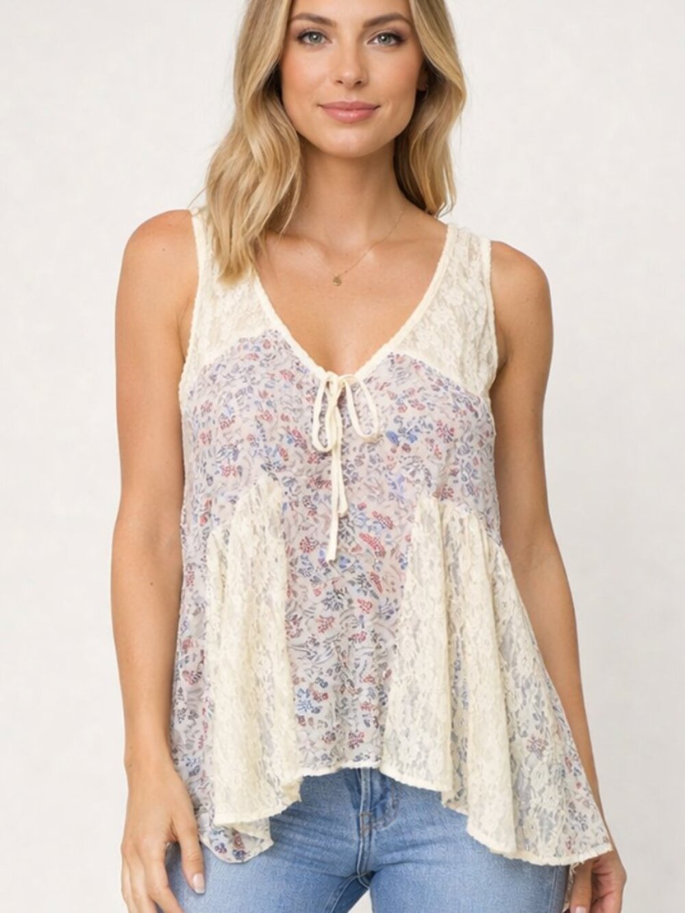 POL Cream Floral Lace Tunic Small | Sheer Boho Tie-Back Sleeveless Top NWT